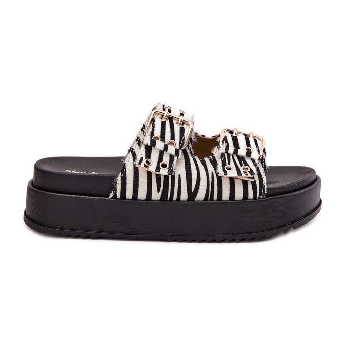 Infradito da donna con fibbie dorate sulla piattaforma zebra bianca