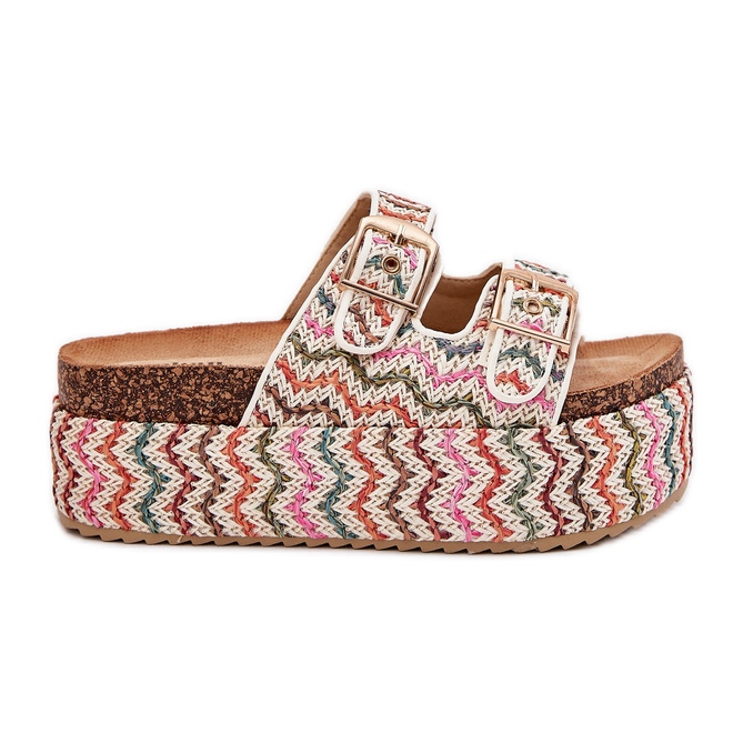 Pantofole da donna su una piattaforma enorme con fibbie a treccia e multicolore bianco