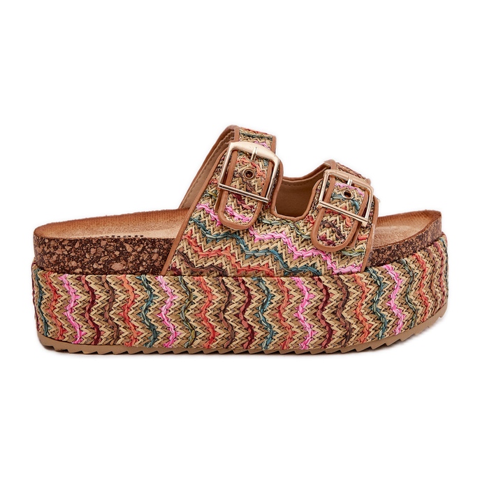 Pantofole da donna su una piattaforma enorme con fibbie a treccia e multicolore beige