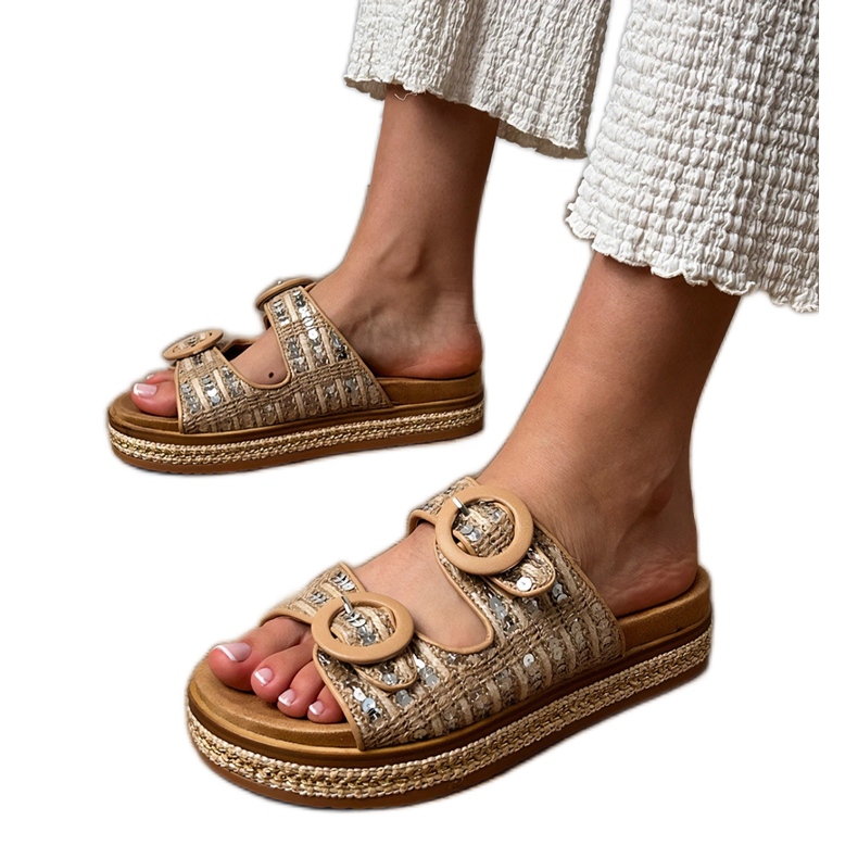 Flap intrecciati beige con paillettes su strisce