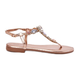 Sandali da donna a ruote piatte con cristalli oro rosa d'oro