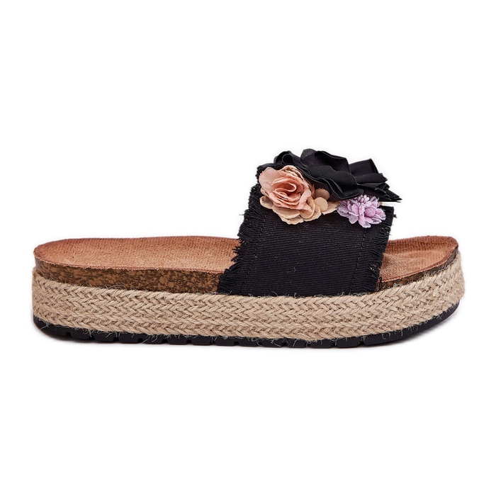 Infradito da donna con la piattaforma di fiori con treccia nera nero