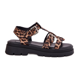 Sandali in pelle eco femminile con morsetti con fibbia leopardo beige
