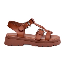 Sandali in pelle eco femminile con fibbie di cammello marrone