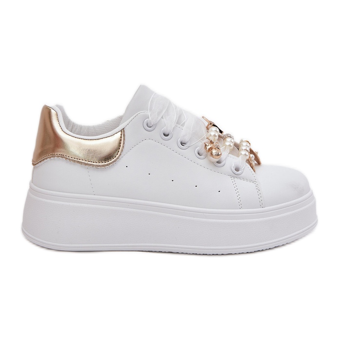 Sneaker femminili sulla piattaforma con spilli, bianchi e oro bianca