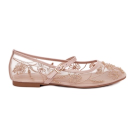 Ballerine in mesh con ricami e decorazioni beige