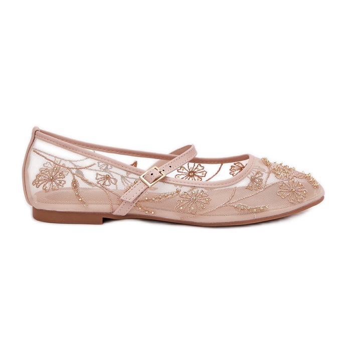 Ballerine in mesh con ricami e decorazioni beige