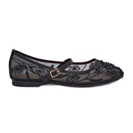 Ballerine in mesh con ricamo e decorazione nera nero