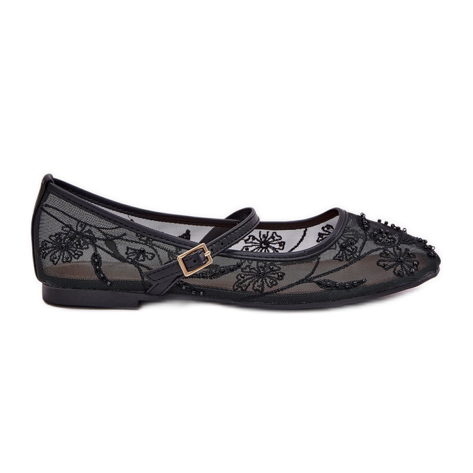 Ballerine in mesh con ricamo e decorazione nera nero