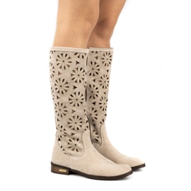 Olivier Stivali in pelle aperta beige leggera da donna
