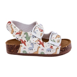 Sandali per bambini su una suola di sughero con fibbie dinosauri multicolore bianco