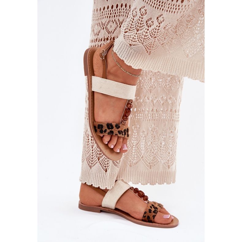 Sandali da donna piatta con perline di stampa leopardo marrone