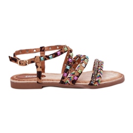 Sandali femminili con decorazione e cinture leopardate intrecciate marrone
