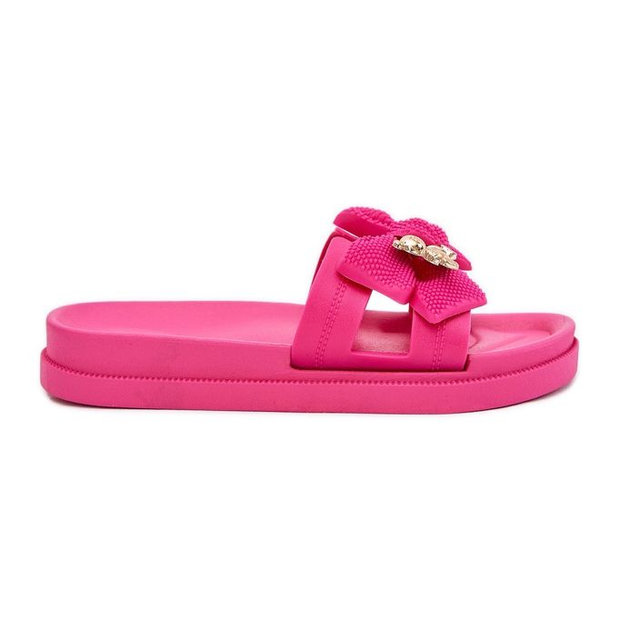 Infradito da donna con un arco e una spilla dorata fucsia rosa