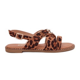 Boto Sandali da donna a copertura piatta con taps dorati stampa leopardo marrone