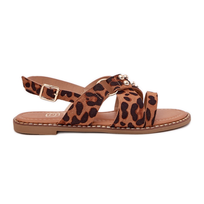 Boto Sandali da donna a copertura piatta con taps dorati stampa leopardo marrone