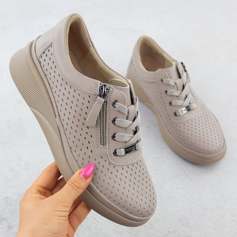 Scarpe in pelle da donna perforate con spicchi Beige Vinceza 79565