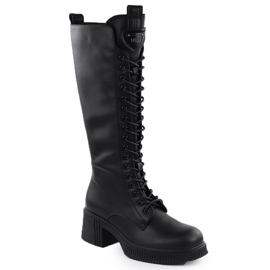 Stivali in pelle da donna in pizzo -up stivali sul blocco nero Vinceza 66804