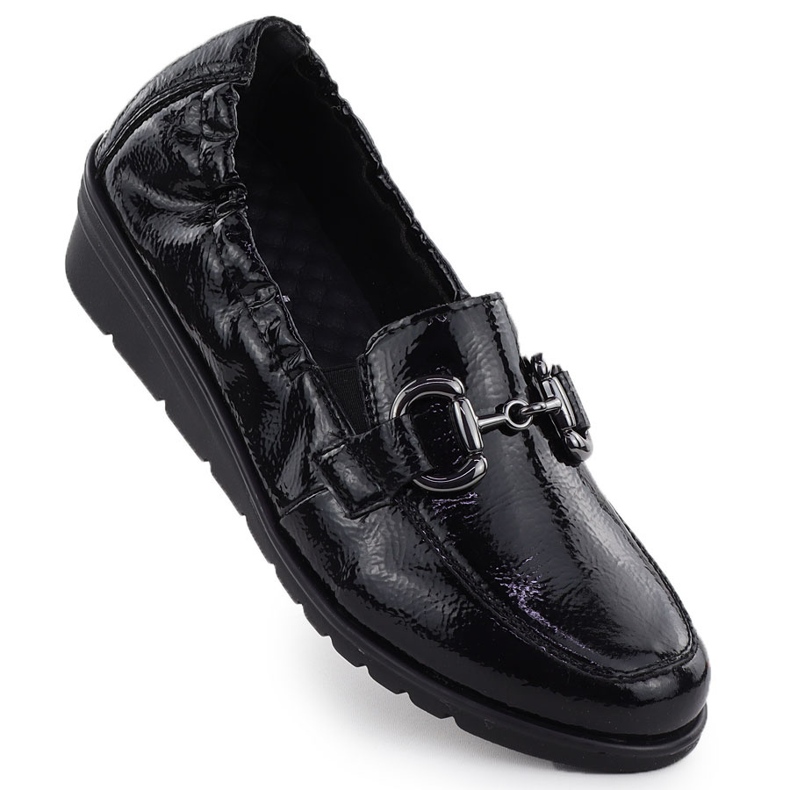 Scarpe da donna in pelle laccate a zeppe nere Rieker L5352-00