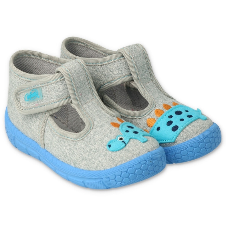 Ciabatte per bambini Befado con velcro 631P043, grigie con applicazione drago grigio