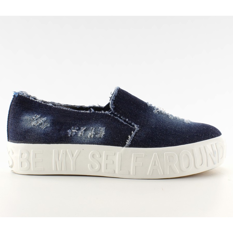 Suola slip-on in denim con iscrizioni blu scuro blu navy