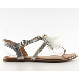 Sandali con piume boho argento SL76 grigio