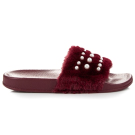 Queen Vivi Ciabatte bordeaux con pelliccia rosso