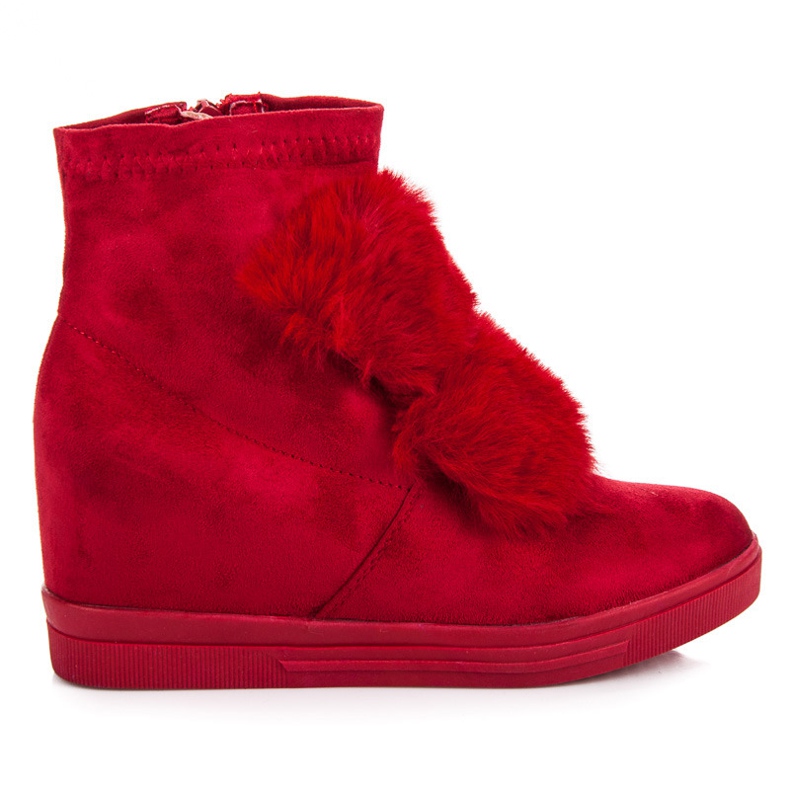 Sneakers con zeppa con pelliccia rosso