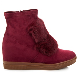Sneakers bordeaux con zeppa e pelliccia multicolore rosso