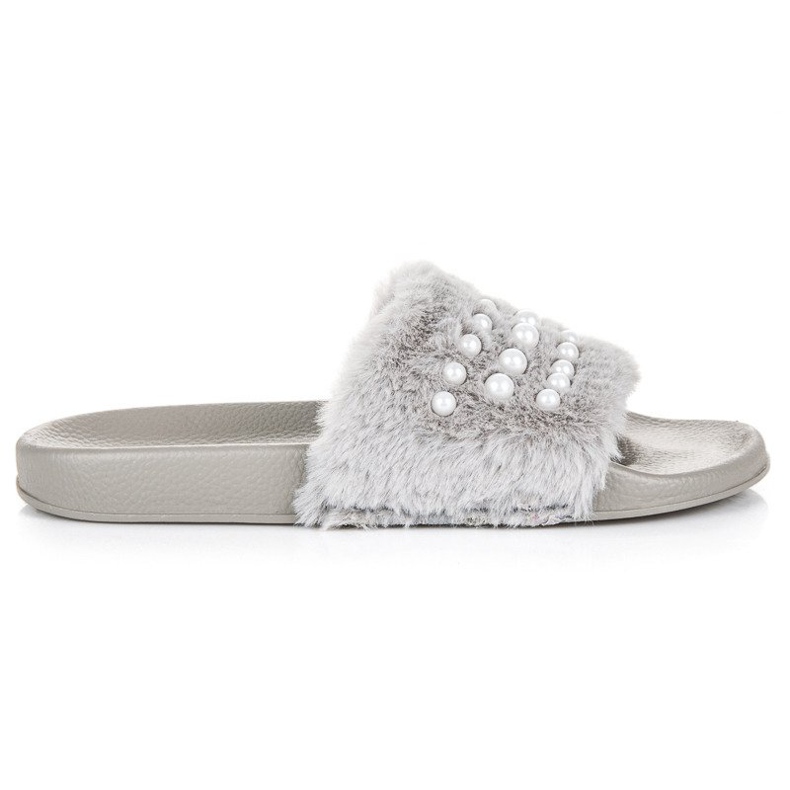 Ciabatte con pelliccia e perle grigio