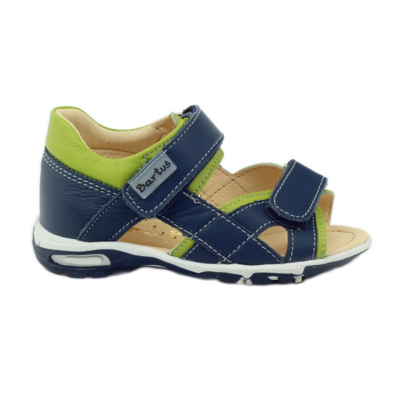 Sandali per ragazzi in pelle per velcro 137 blu scuro/verde bartuś