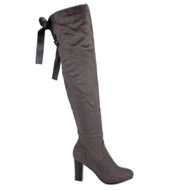 Forever Folie Eleganti stivali alti alla coscia con tacco alto grigio