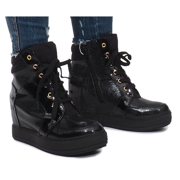 Sneakers laccate nere sulla zeppa Snake nero