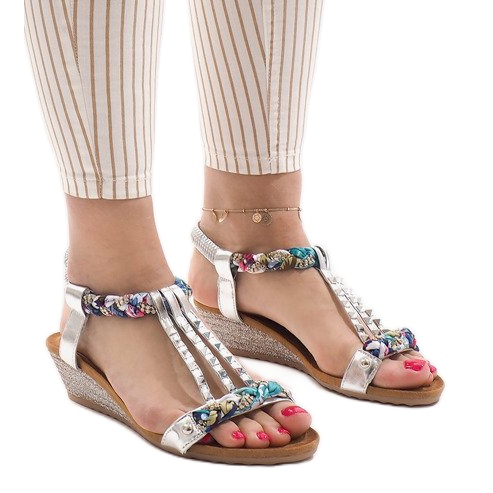 Sandali con zeppa argento con borchie B132-6 grigio multicolore