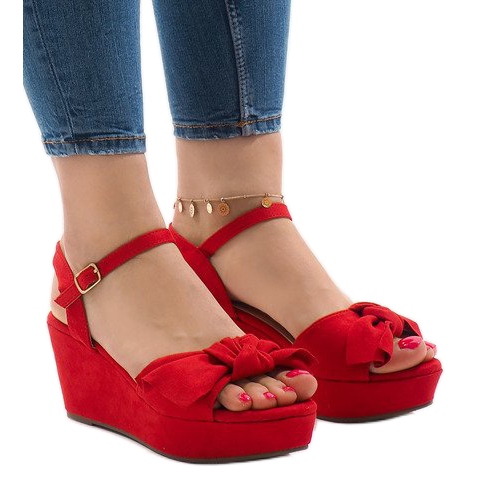 Sandali rossi con zeppa con fiocco F055 rosso