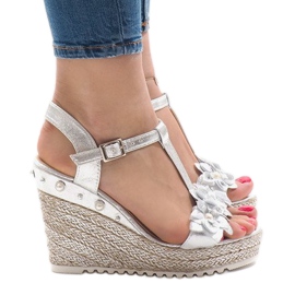 Sandali zeppa argento con fiori T-682-5 grigio