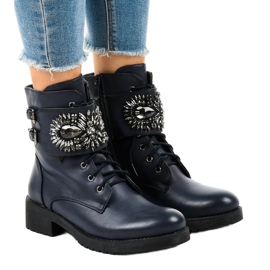 Stivali blu navy da donna con fibbia e diamanti 0-251