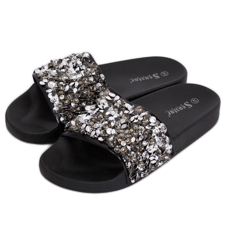 Ciabatte da donna con pietre nere CK106P Black grigio