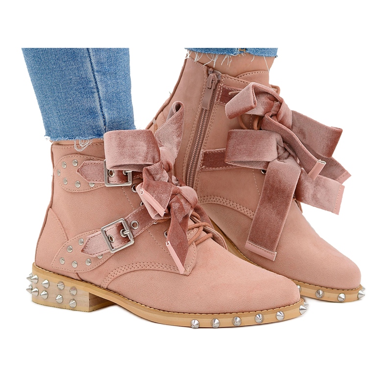 Lu Boo Stivali Cipria Camila con Borchie Spikes Fiocchi rosa