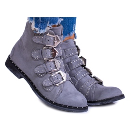 Lu Boo Stivali grigio scuro Virginia Rock Star Rivetti Fibbie Camoscio
