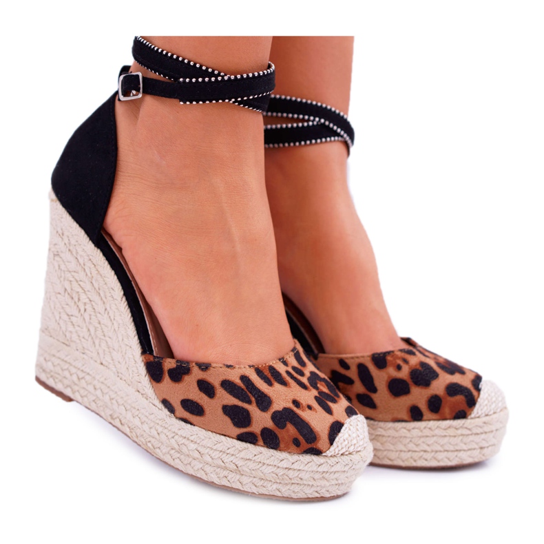 FB2 Sandali da donna su zeppa di lino Leopard Canterola marrone nero