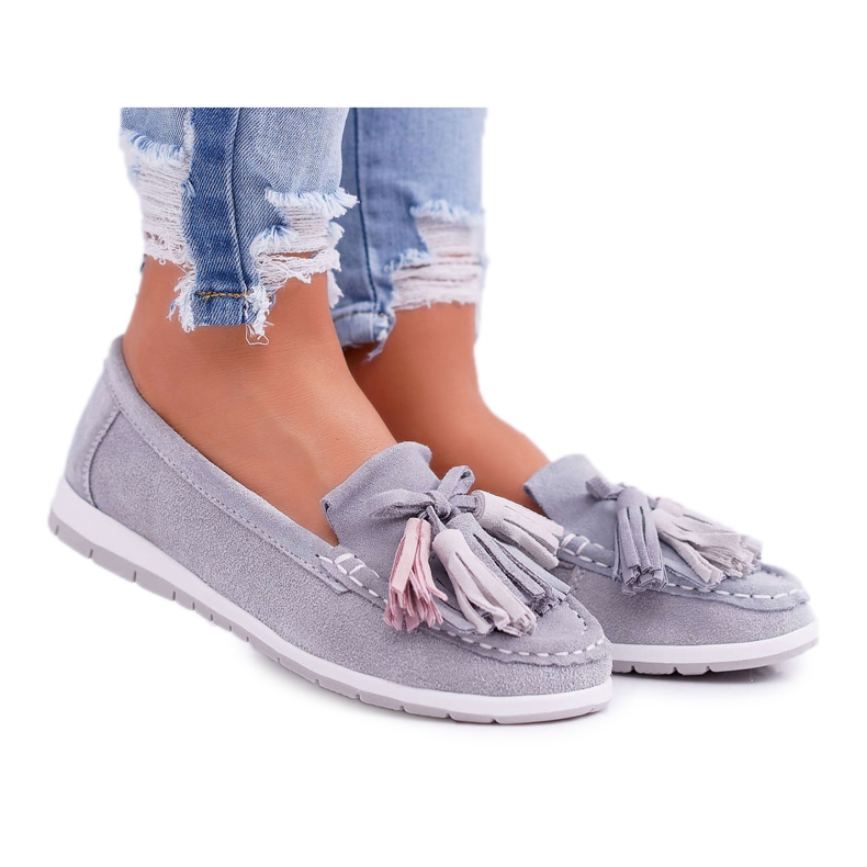 EVE Mocassini Donna, Pelle Scamosciata Con Frange, Batista Grigio