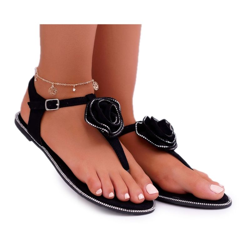 Sandali Donna Infradito Fiore Nero Strass Drave