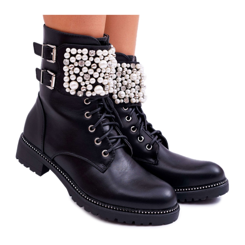 SEA Stivali da donna con tacco piatto Military Black Bemmer nero