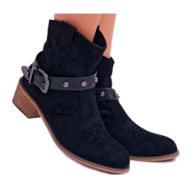 FB2 Stivali da donna con tacco piatto Stivali da cowboy con fibbia Nero Ewella