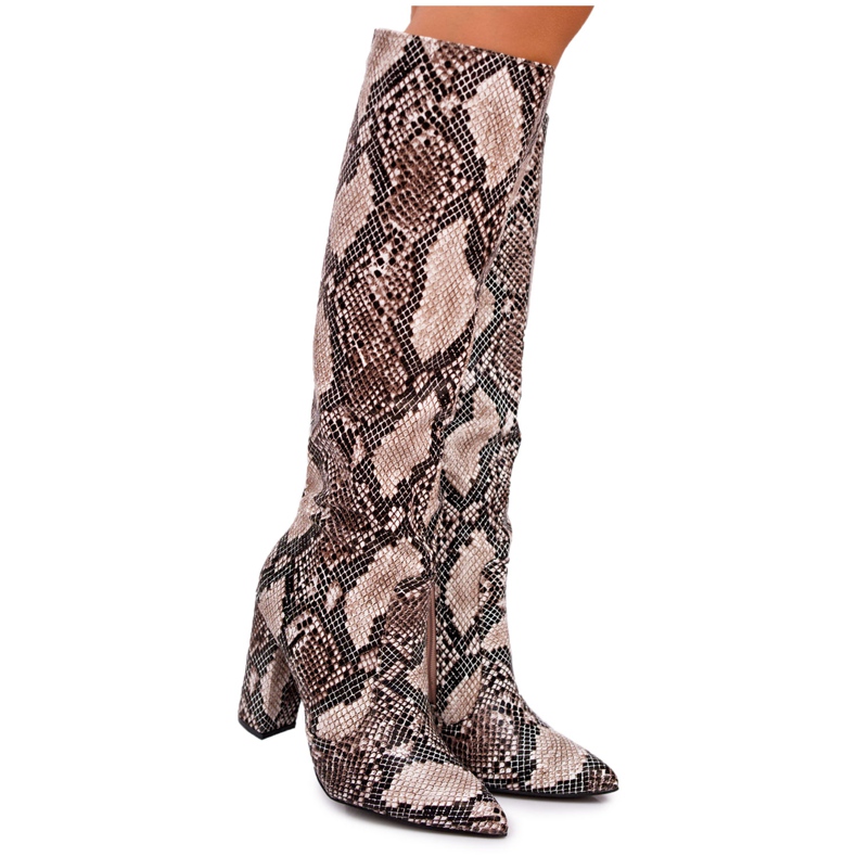 FRGIV Stivali Da Donna Con Tacco Alto Pelle Di Serpente Beige Brouny