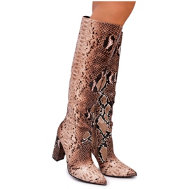 FRGIV Stivali da donna su un tacco alto Animal Texture Brown Brouny marrone