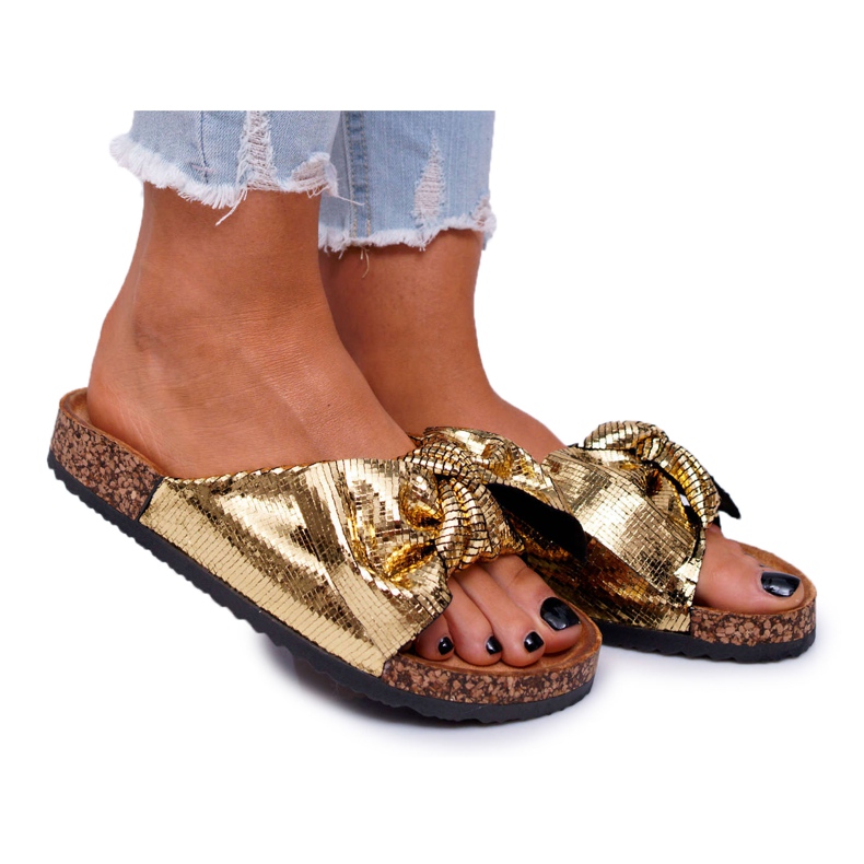 Pantofole da donna con fiocco Metallics dorati d'oro