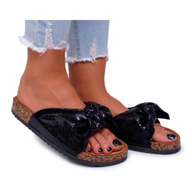 Pantofole da donna nere metallizzate con fiocco nero