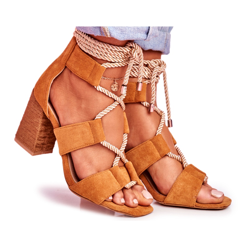 SEA Sandali Donna Con Tacco Allacciato Camoscio Cammello Amore marrone